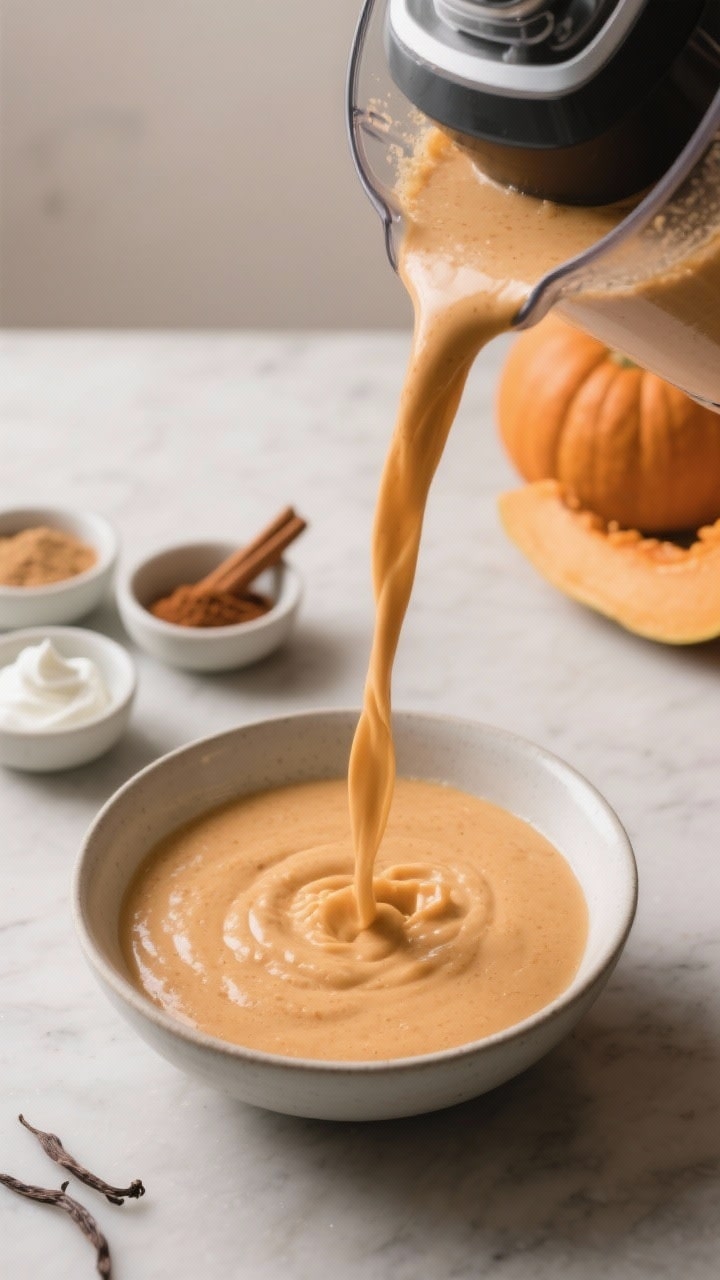 Cooking process: The blended smoothie being poured thickly from a high-speed blender into a chilled 