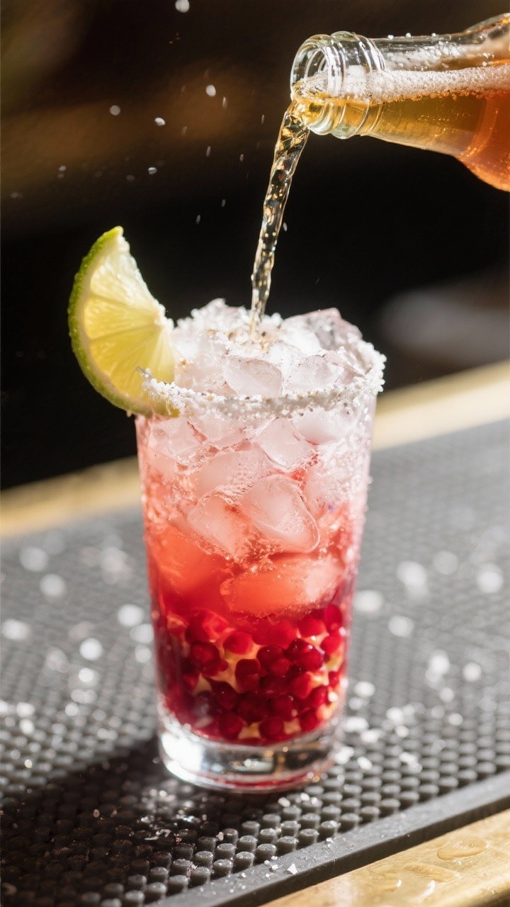 Cooking process: The build stage captured mid-action in a chilled highball glass—pomegranate mule