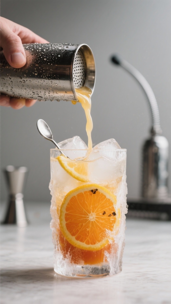 Cooking process: The drink base being strained over fresh ice into a frost-kissed highball—amber-s