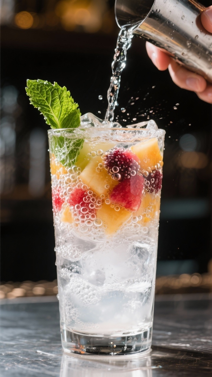 Cooking process: The mixed fruit base being topped with chilled sparkling water in a tall Collins gl