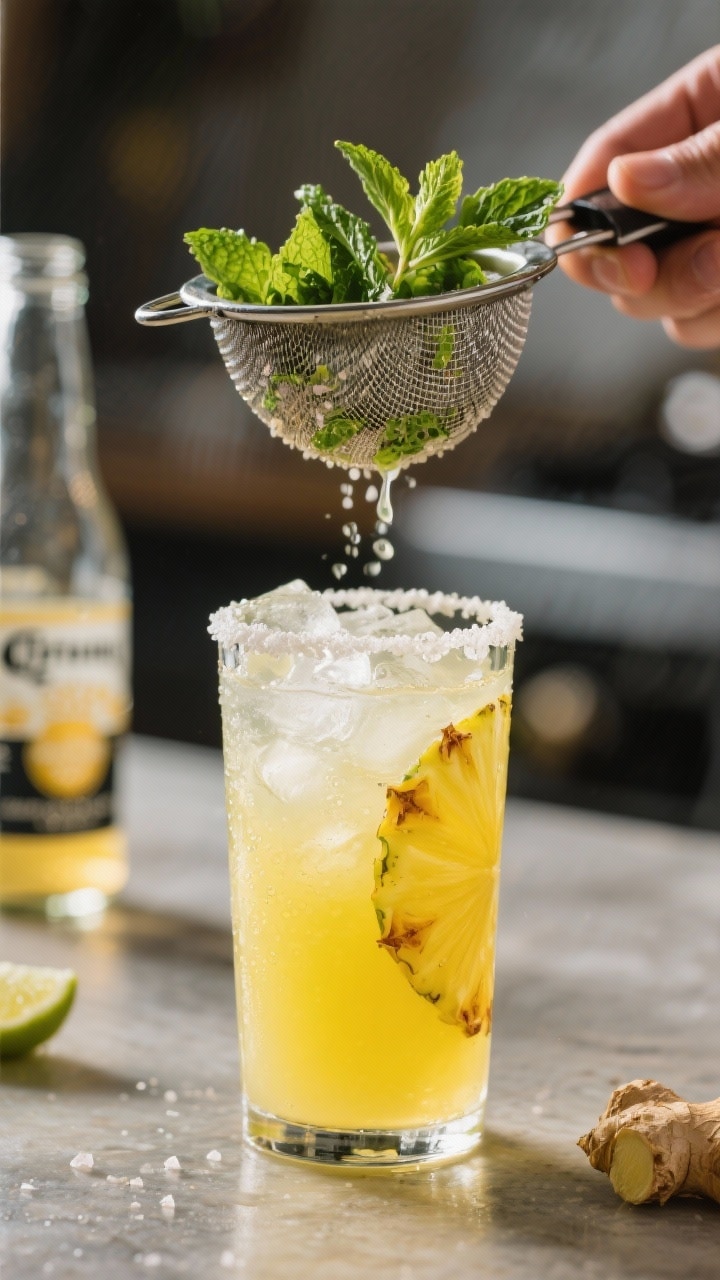 Cooking process: The mocktail base being strained into an ice-filled highball glass—fine mesh stra