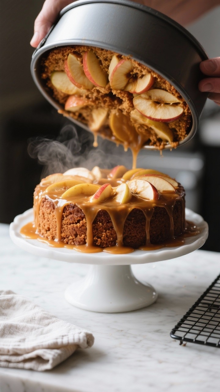 Cooking process: The moment of the upside-down flip—freshly baked caramel apple cake released from