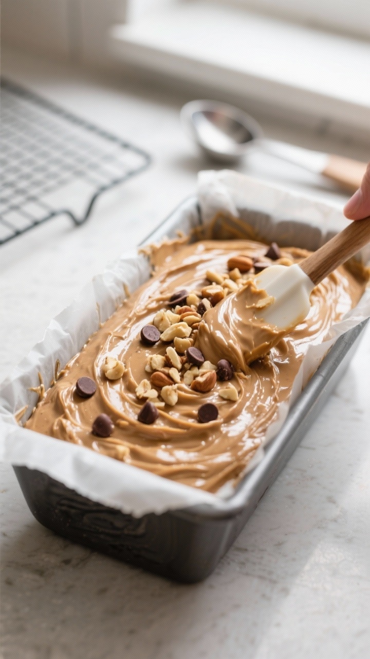 Cooking process: Thick, glossy peanut butter–banana batter being gently folded with a spatula in a