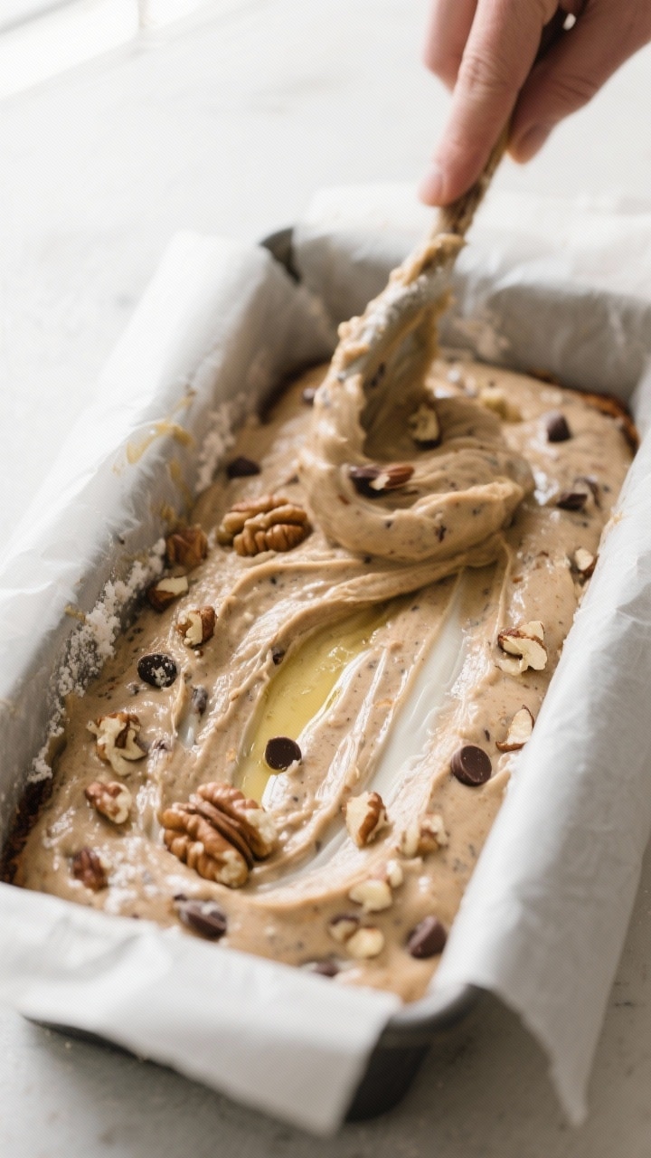 Cooking process: Thick vegan banana bread batter being folded just until combined in a parchment-lin