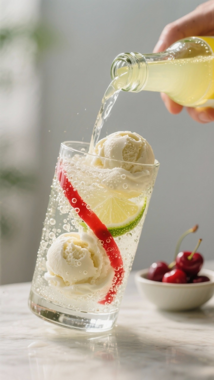 Cooking process: Tilted pour shot of chilled lemon-lime soda streaming gently down the inside of the