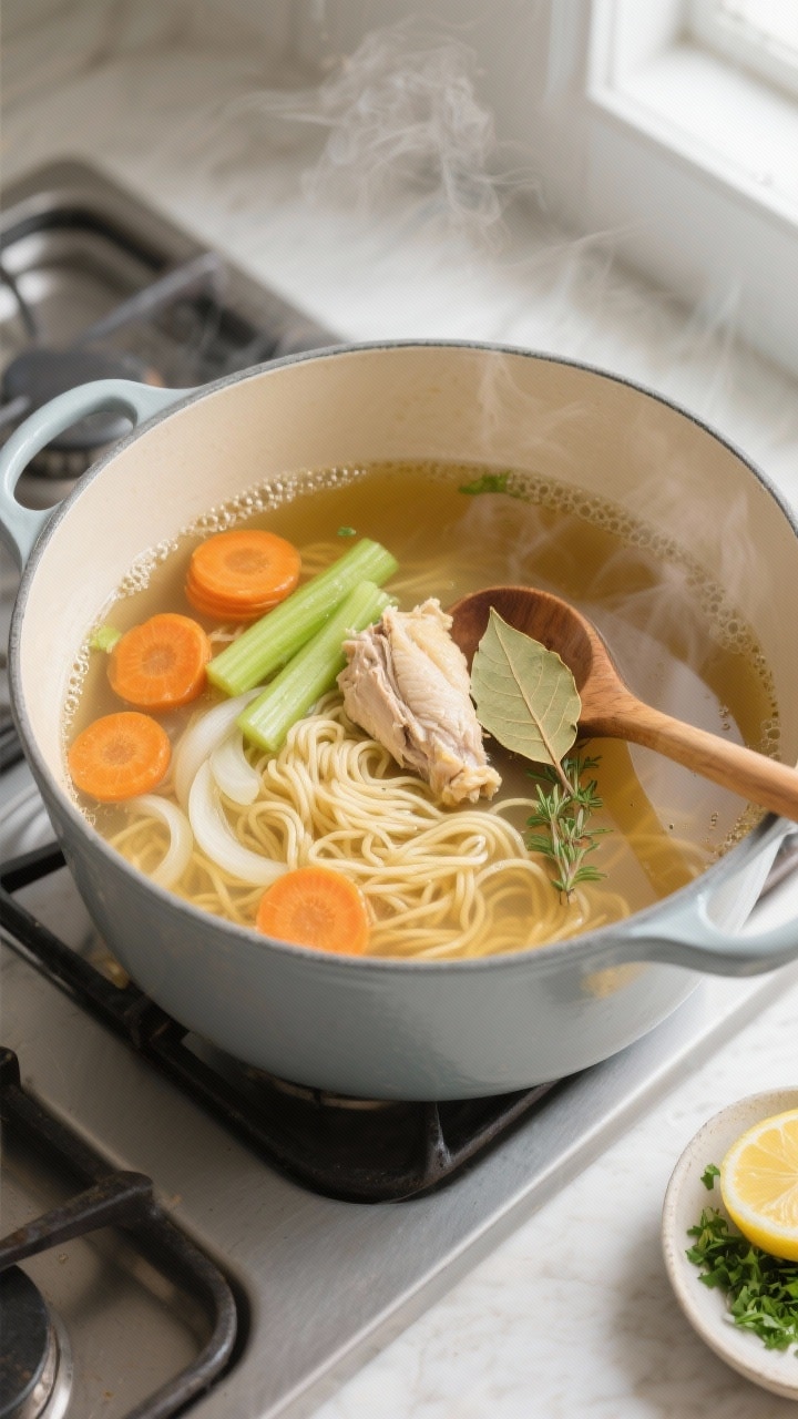Cooking process, top view: Overhead shot of a large Dutch oven at a gentle simmer showing golden, cl