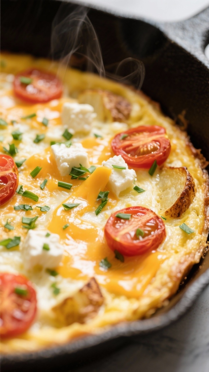 Final bake — Close-up detail of set texture: Extreme close‑up of the baked frittata in the skill