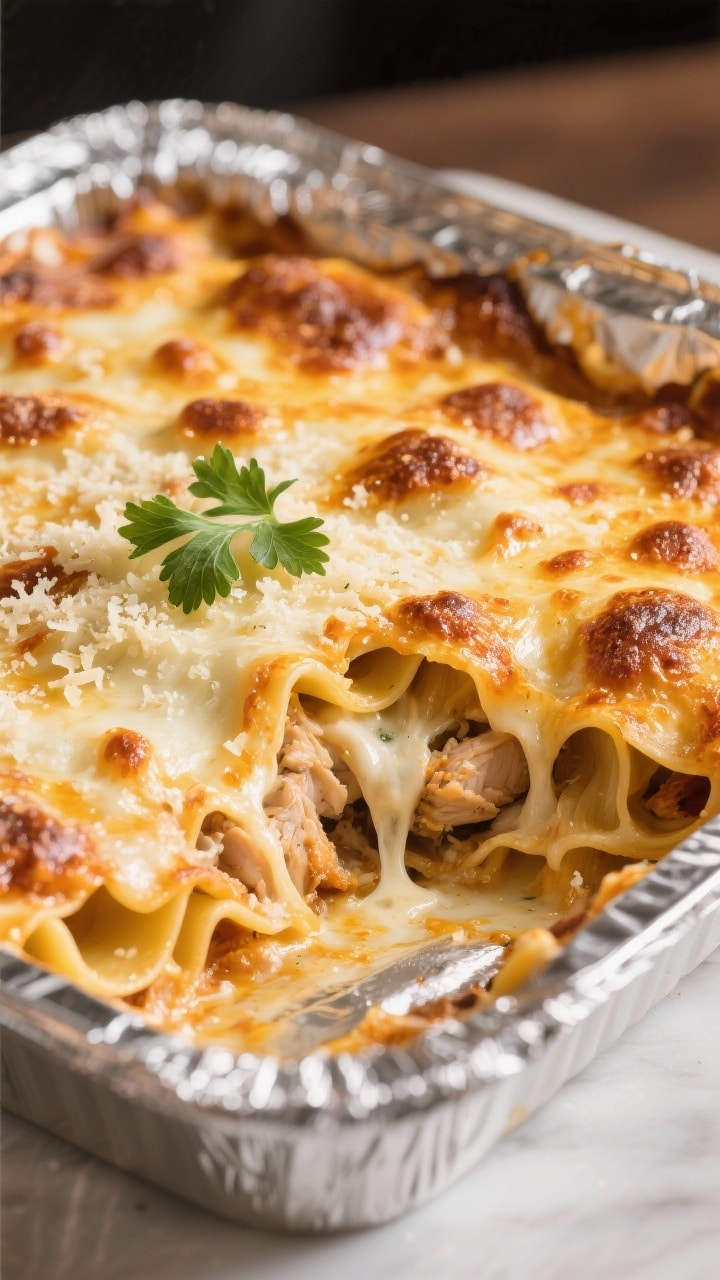 Final baked beauty close-up: Golden, bubbling chicken lasagna just out of the oven, foil tent remove