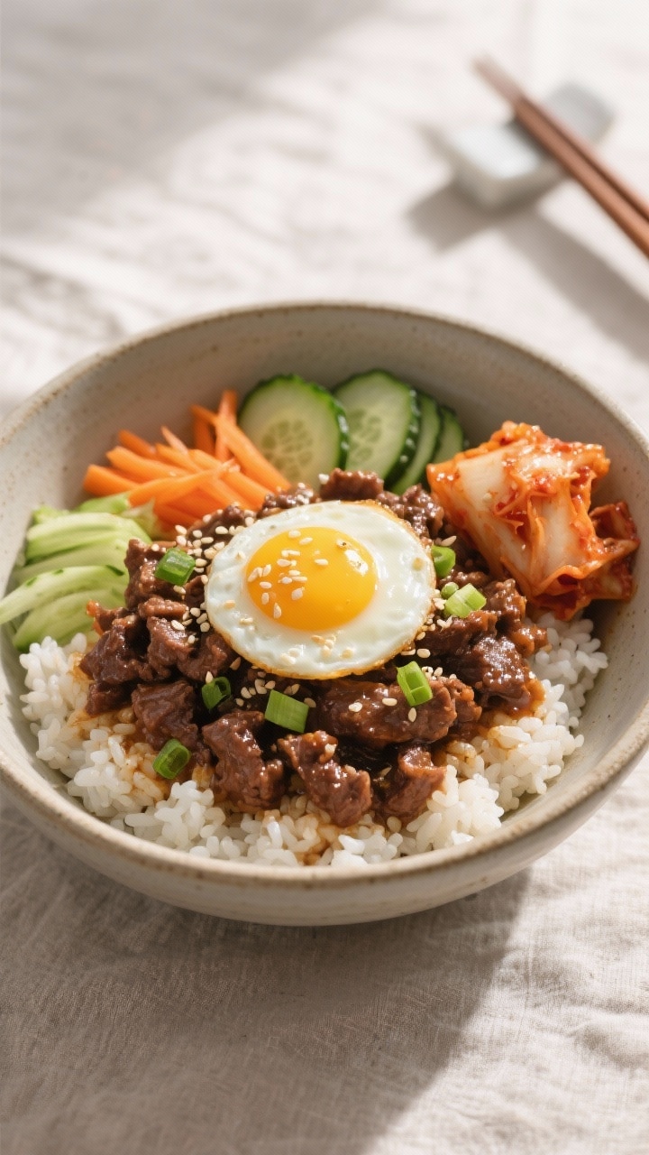 Final bowl overhead: Korean ground beef rice bowl beautifully plated in a matte ceramic bowl—bed o