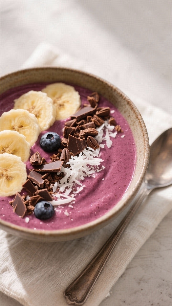 Final dish beauty: Restaurant-quality presentation of a chocolate-berry variation smoothie bowl—de
