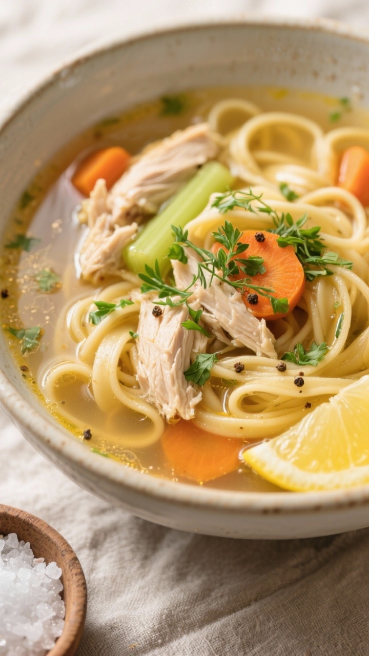 Final dish, close-up detail: Tight, shallow‑depth close-up of a bowl of homemade chicken soup plat