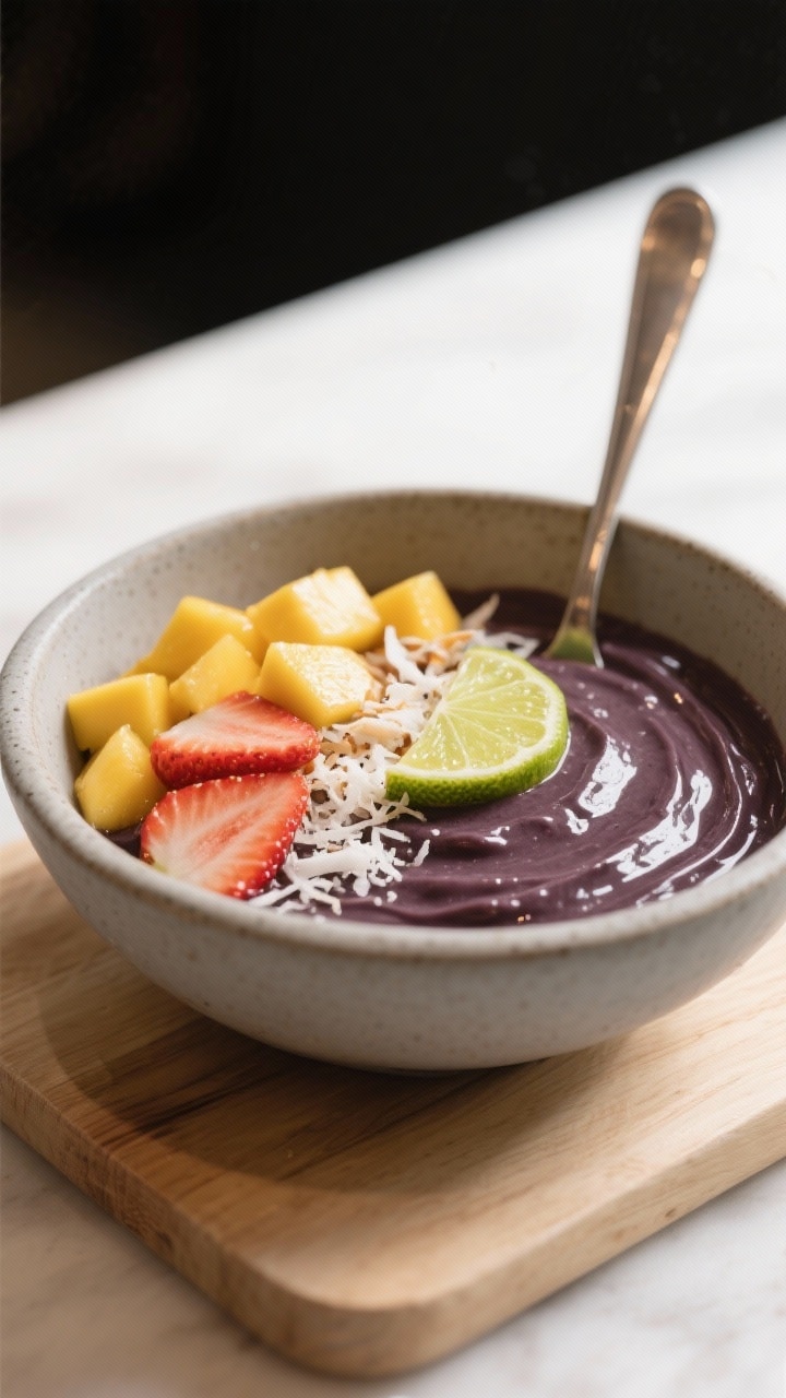 Final dish hero shot: Three-quarter angle of a beautifully plated acai bowl showcasing thickness (sp