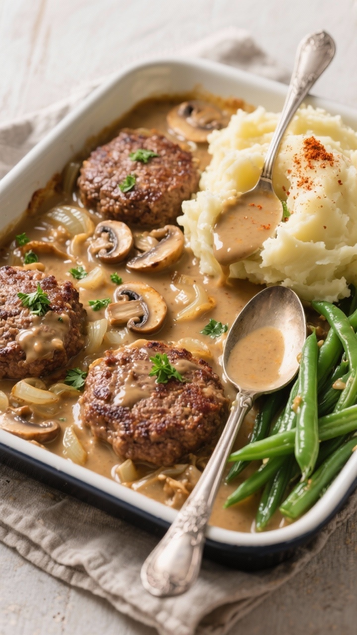 Final dish overhead: Amish hamburger steak bake in a 9x13 baking dish, patties nestled in creamy mus