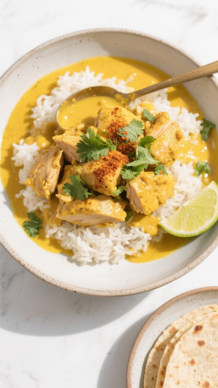 Final dish, overhead presentation: Churu Chicken Amarillo plated over fluffy white rice in a wide, s