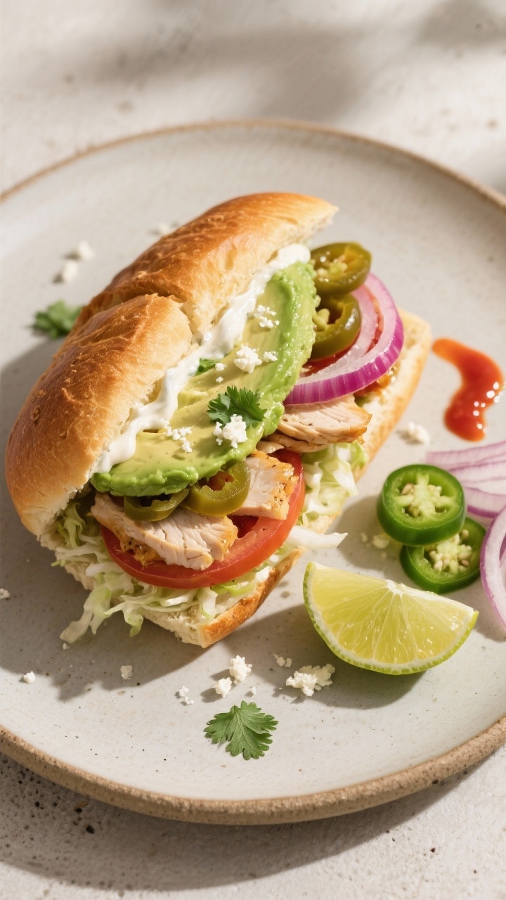 Final dish, : Overhead shot of a Chicken Torta sandwich sliced in half and slightly pressed, layered