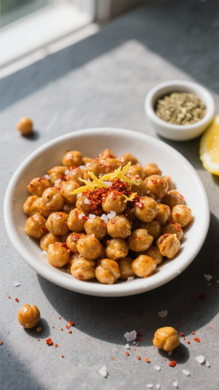 Final dish overhead: Tasty top-down shot of a bowl of deeply golden roasted chickpeas served warm, f