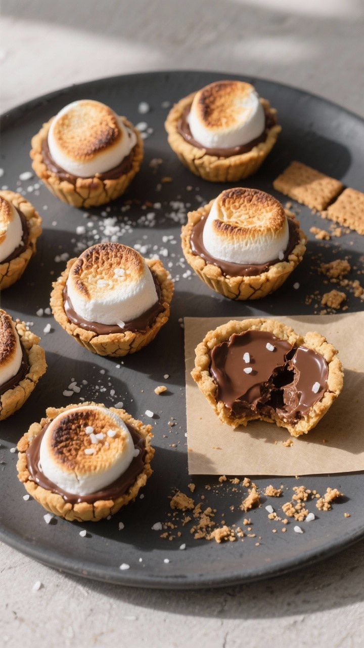 Final dish, overhead top view: A neat arrangement of finished s’mores cookie cups on a matte charc