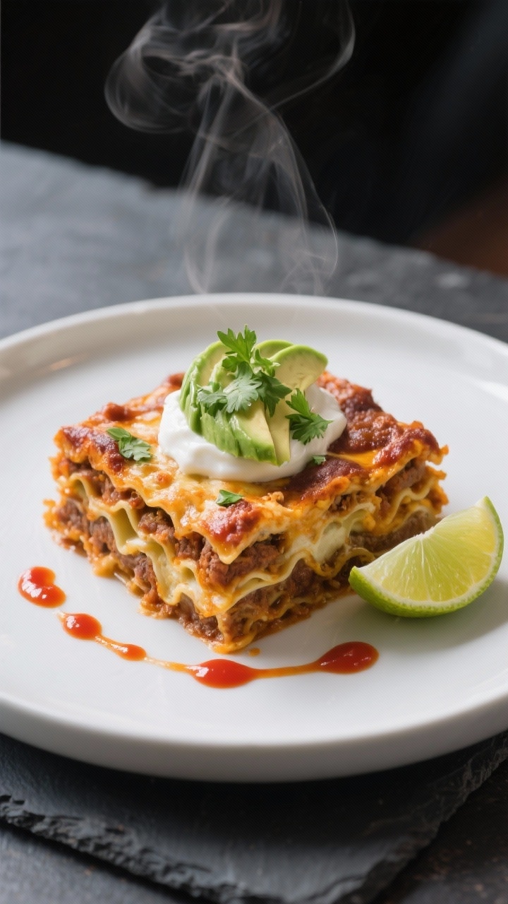 Final dish presentation: A clean, restaurant-quality plate with a perfectly sliced square of Mexican