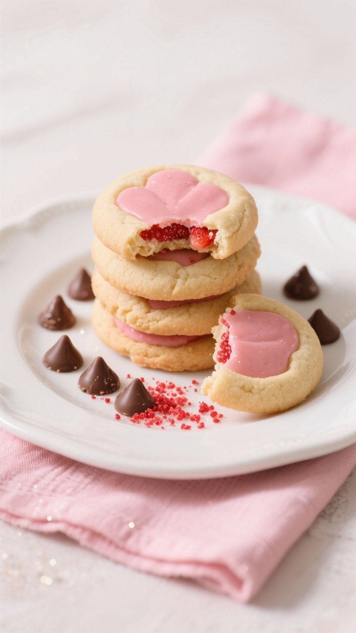 Final dish presentation: A plate of strawberry kiss cookies styled for a celebration—stacked neatl