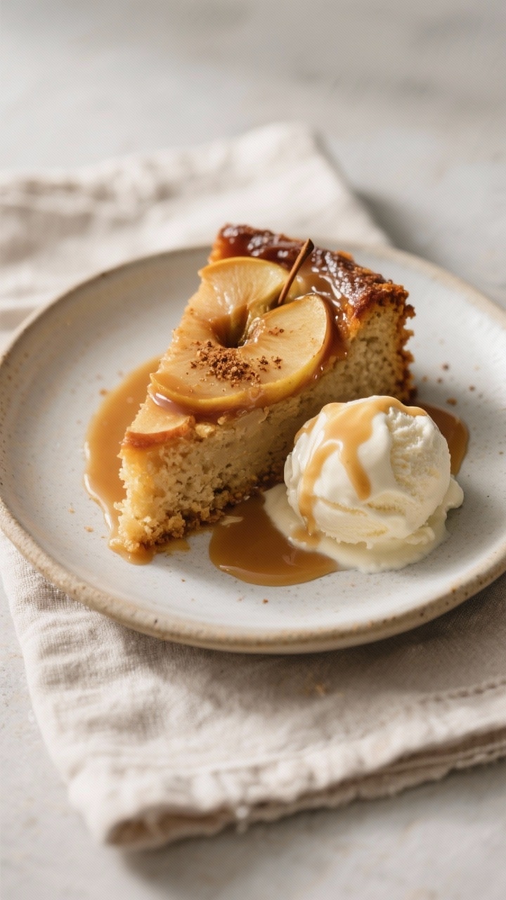 Final dish presentation: A single plated slice of caramel apple upside down cake served warm with a