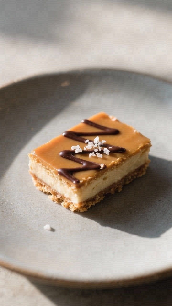 Final dish presentation: A single Salted Caramel Butter Bar on a small matte ceramic plate with a de