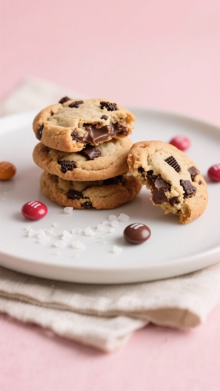 Final dish presentation: A small stack of three Valentine’s Oreo M&Ms cookies on a matte white pla