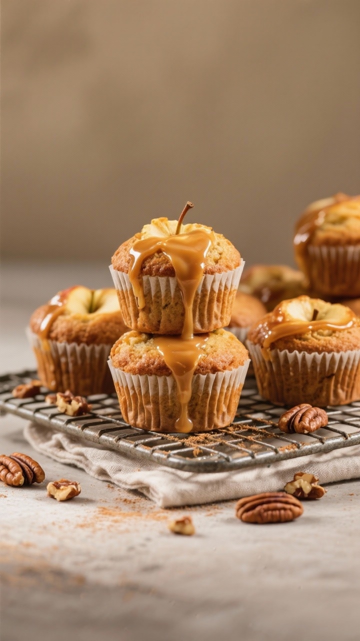 Final dish presentation: Bakery-style apple cinnamon muffins stacked in a rustic wire cooling rack,