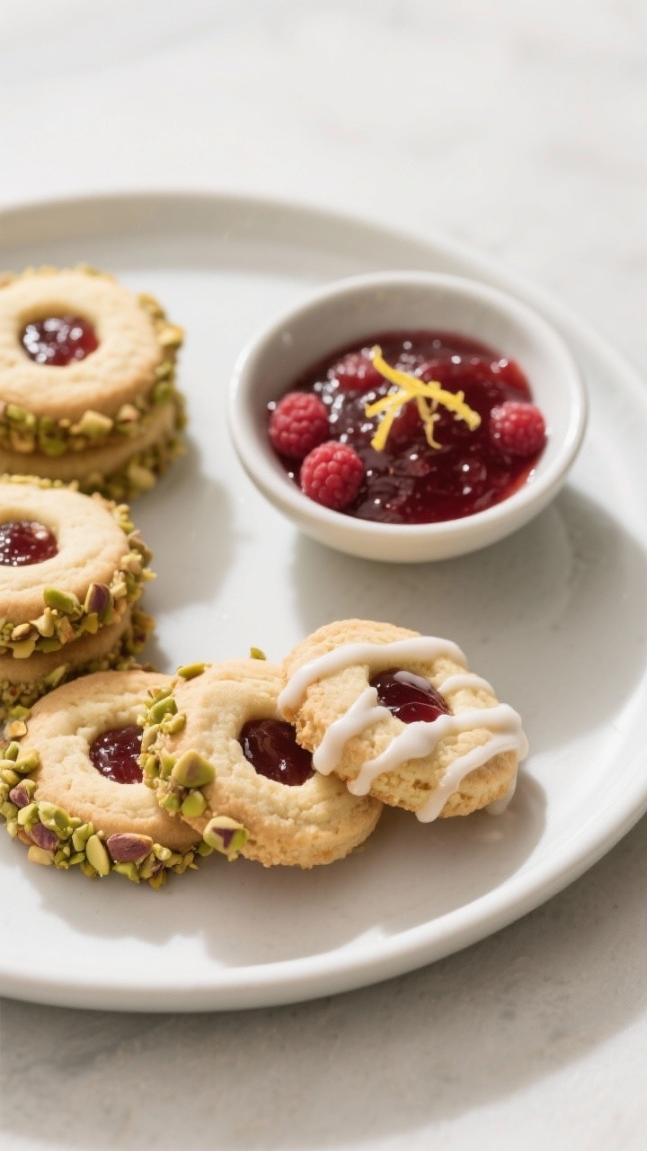 Final dish presentation: Bakery-style plate of jam cookies on a matte white platter, some rolled in