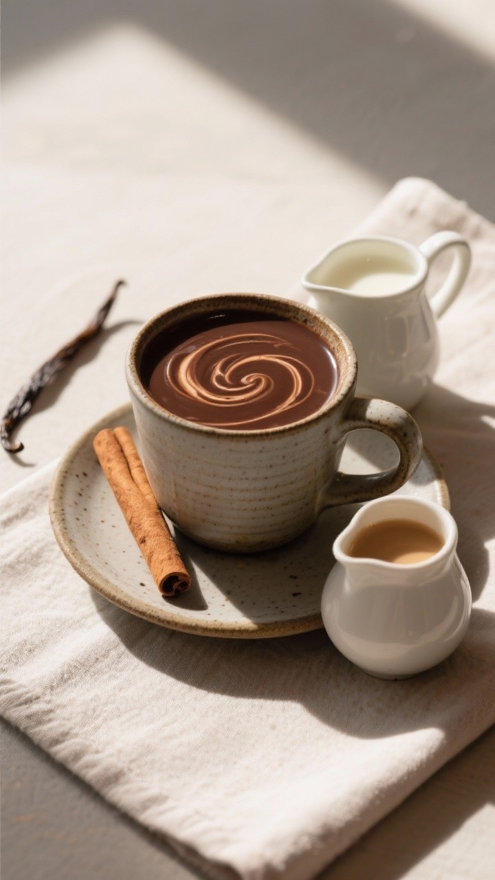 Final dish presentation: Beautifully plated café-style mug of champurrado on a ceramic saucer, deep