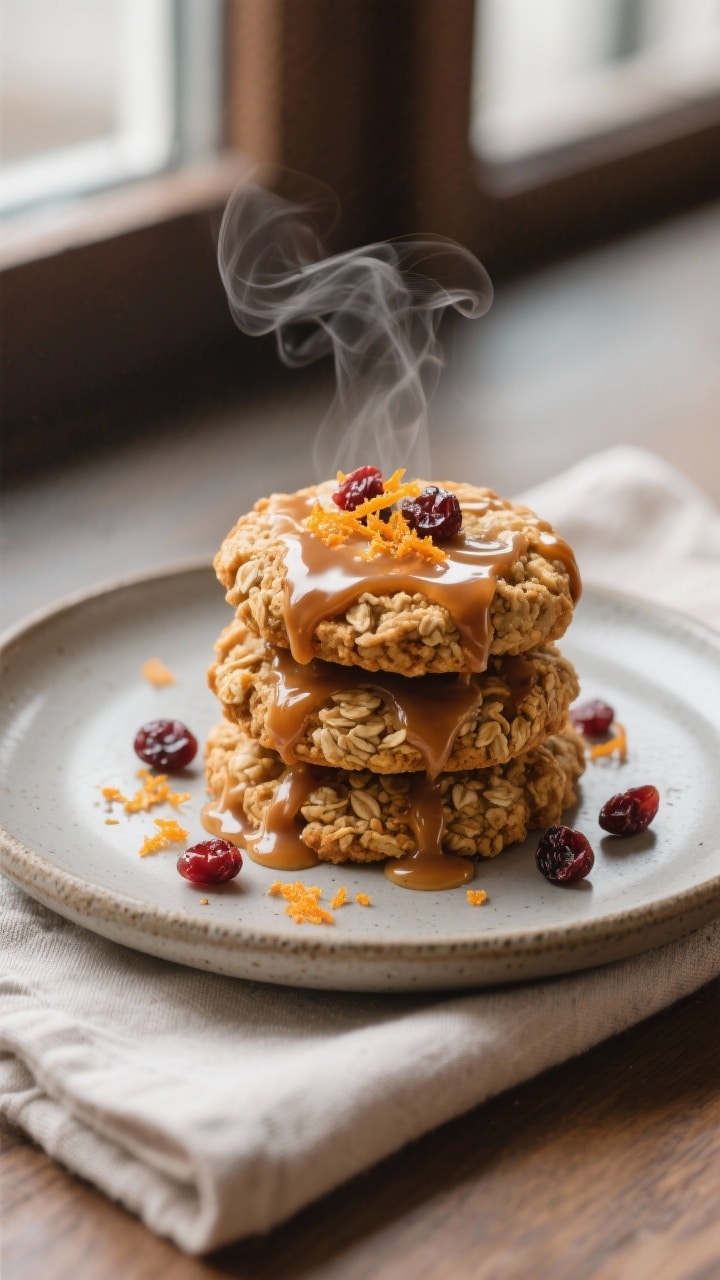 Final dish presentation: Beautifully plated stack of pumpkin oatmeal cookies drizzled with glossy ma