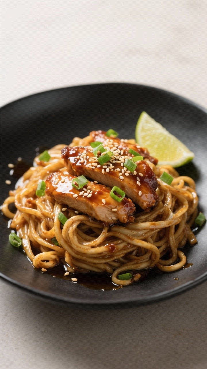 Final dish presentation: Beautifully plated Sticky Garlic Chicken Noodles twirled into a loose nest