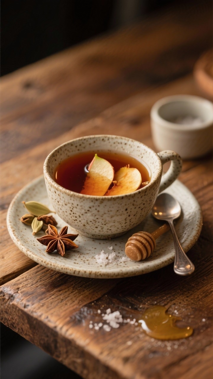 Final dish presentation: Elegant warm serving of apple peel chai variation—deep amber tea in a spe