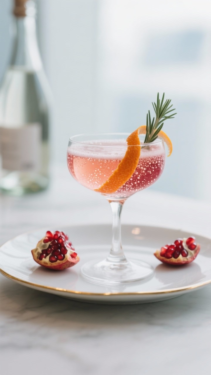 Final dish presentation: Hero shot of a single coupe glass on a matte white plate with a slim gold r