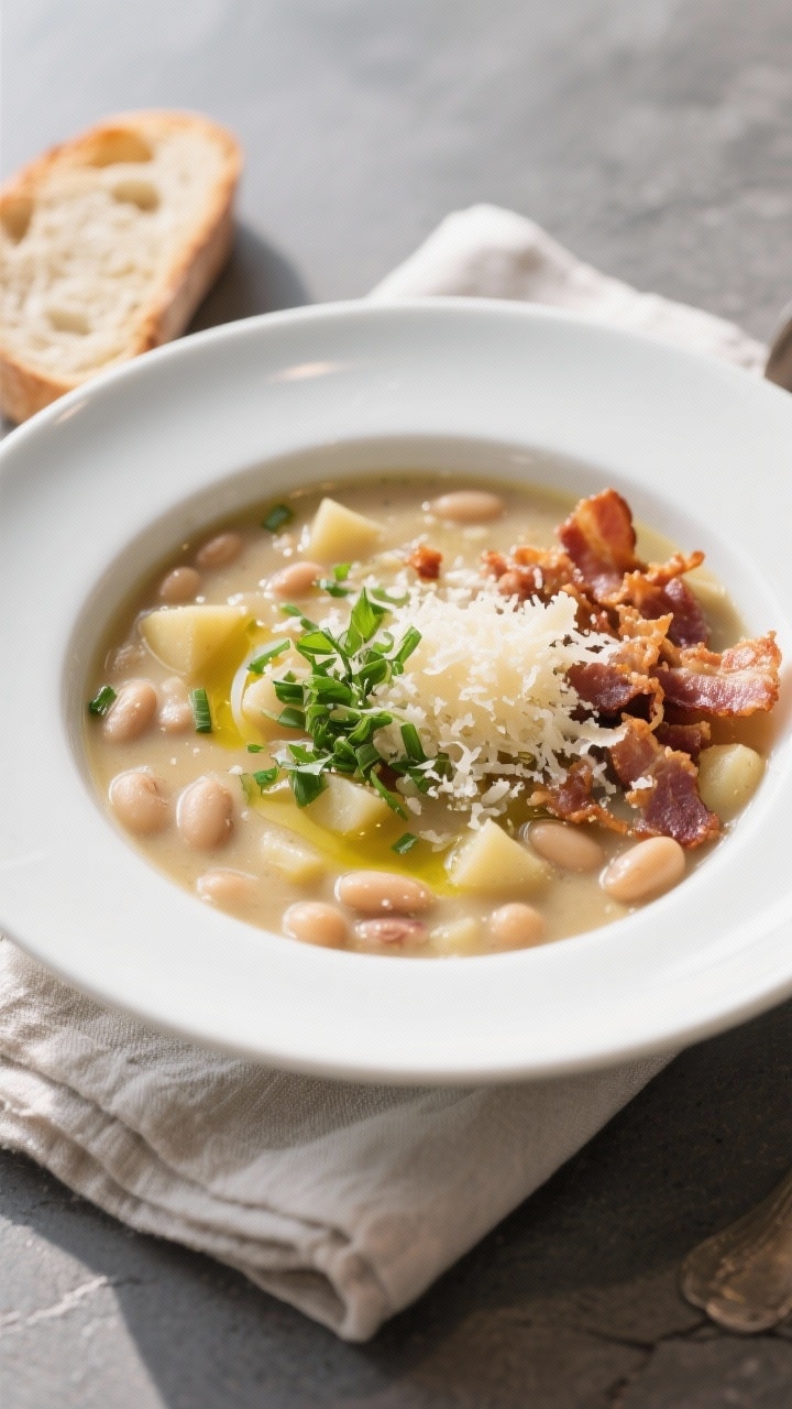 Final dish presentation: Restaurant-quality bowl of potato and bean soup served in a matte white sha