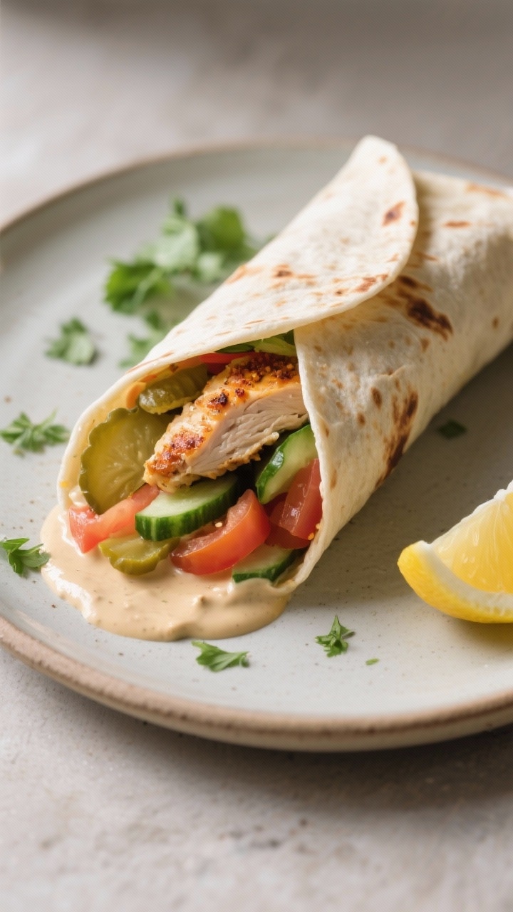 Final dish presentation: Restaurant-quality chicken shawarma wrap, tightly rolled and cut on a bias