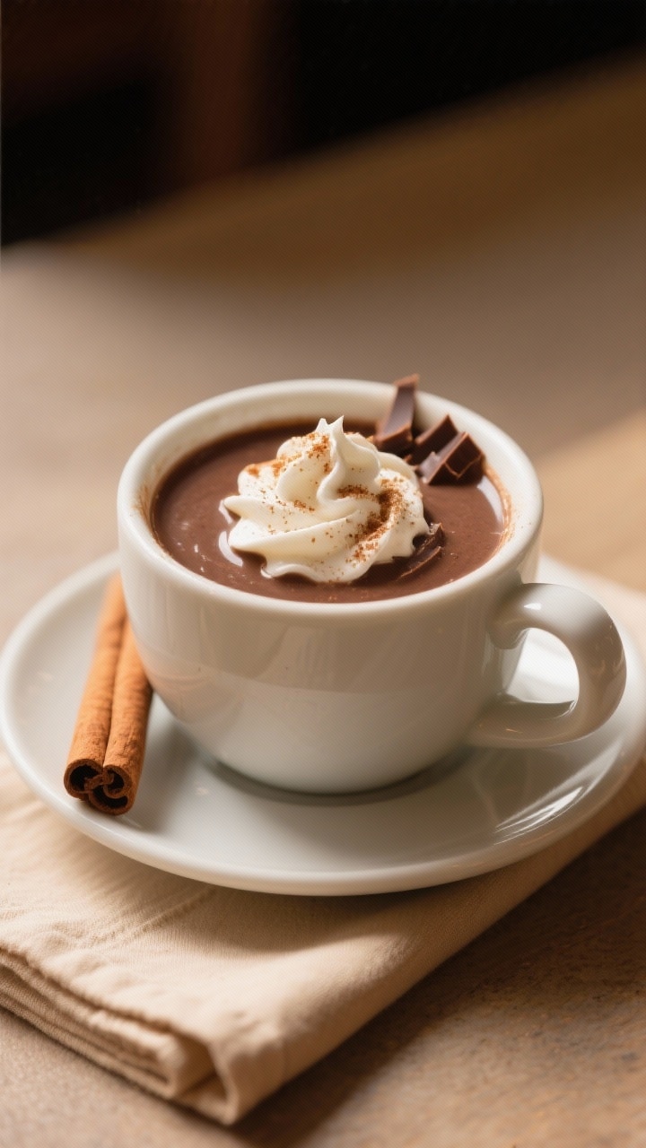 Final dish presentation: Restaurant-quality mug of champurrado on a small saucer, topped with a soft