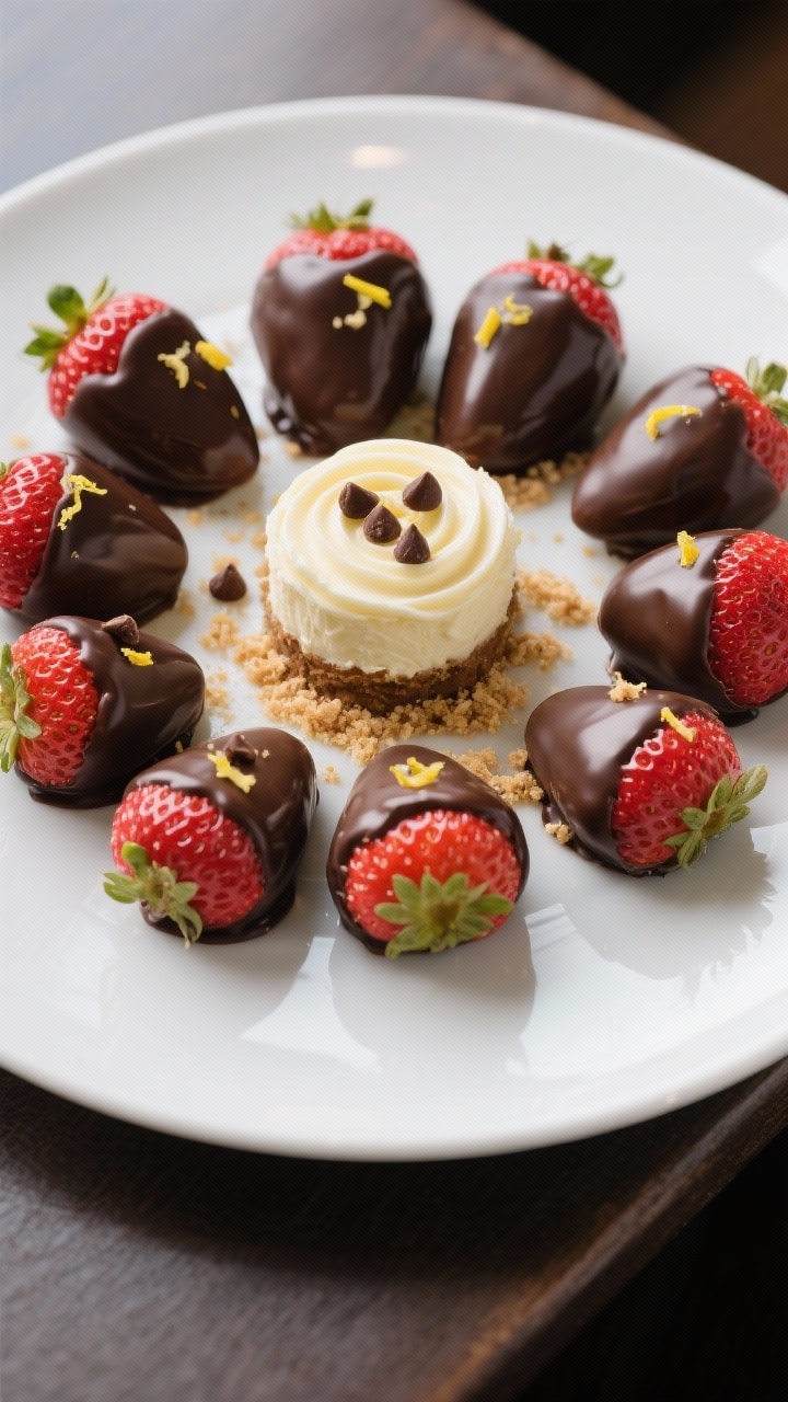 Final dish presentation: Restaurant-quality plate of chocolate-dipped cheesecake stuffed strawberrie