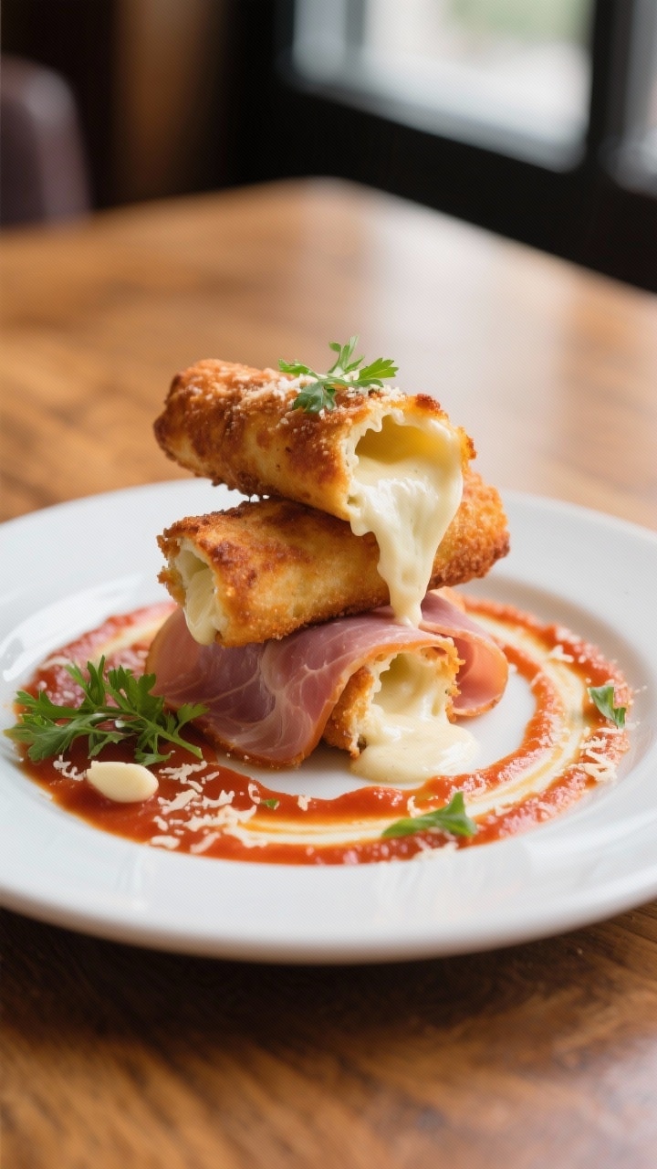 Final dish presentation: Restaurant-quality plate with three stacked ham and cheese sticks, one torn