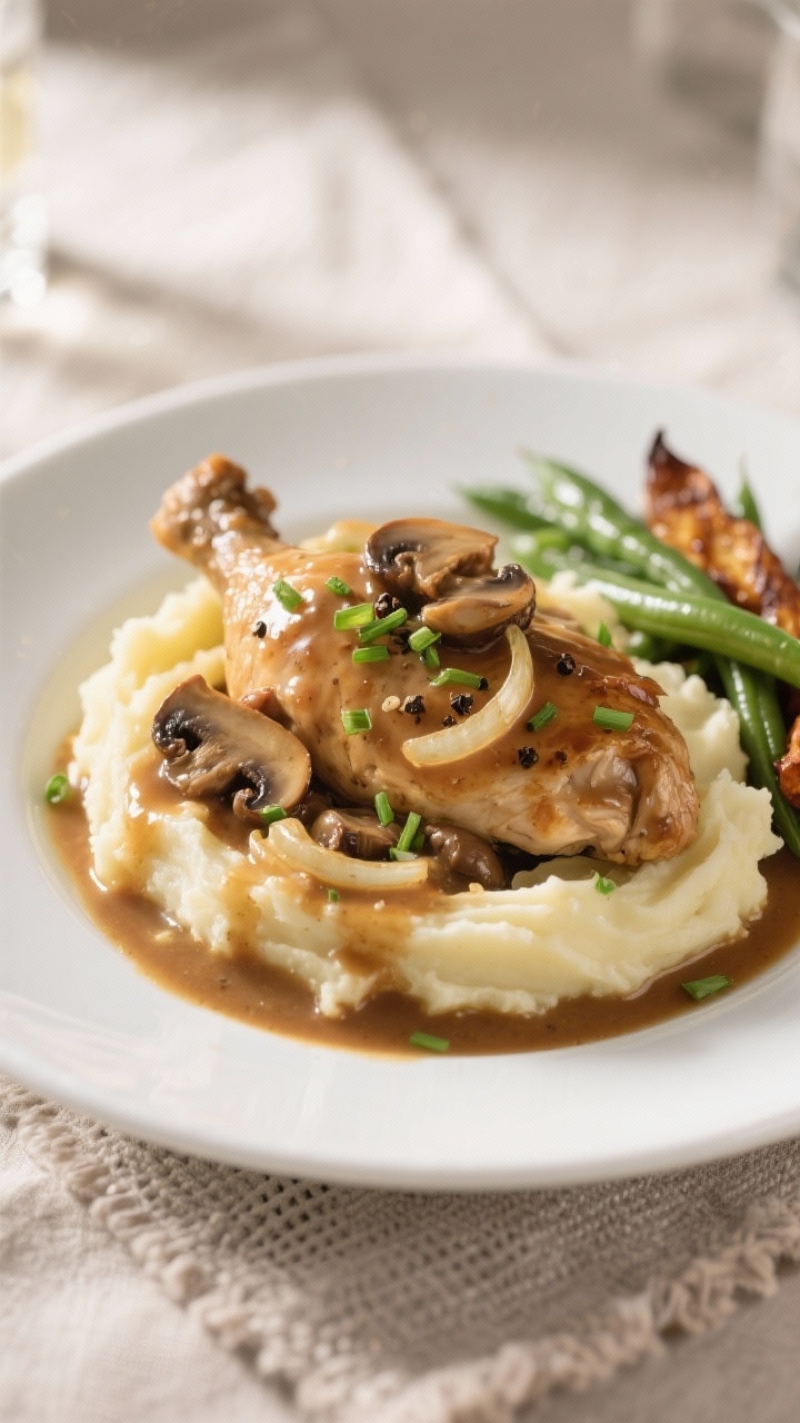 Final dish presentation: Restaurant-quality plate of smothered chicken served over buttery mashed po