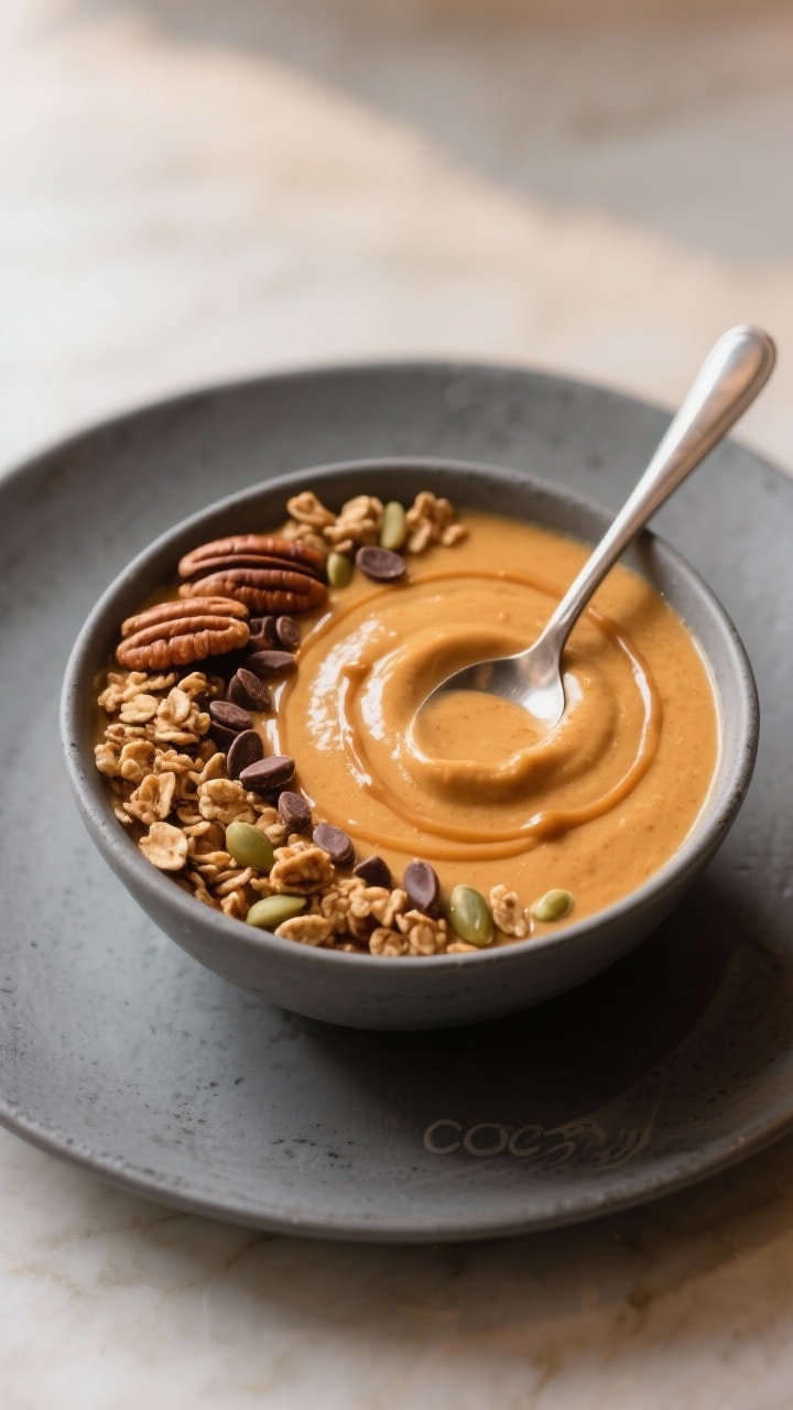 Final dish presentation: Restaurant-quality plated Pumpkin Pie Smoothie Bowl with a refined look—s