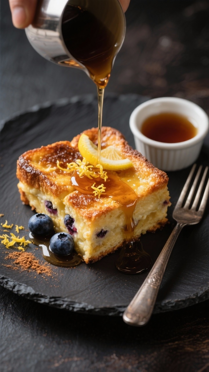 Final dish presentation: Restaurant-quality plated serving of blueberry french toast casserole with 