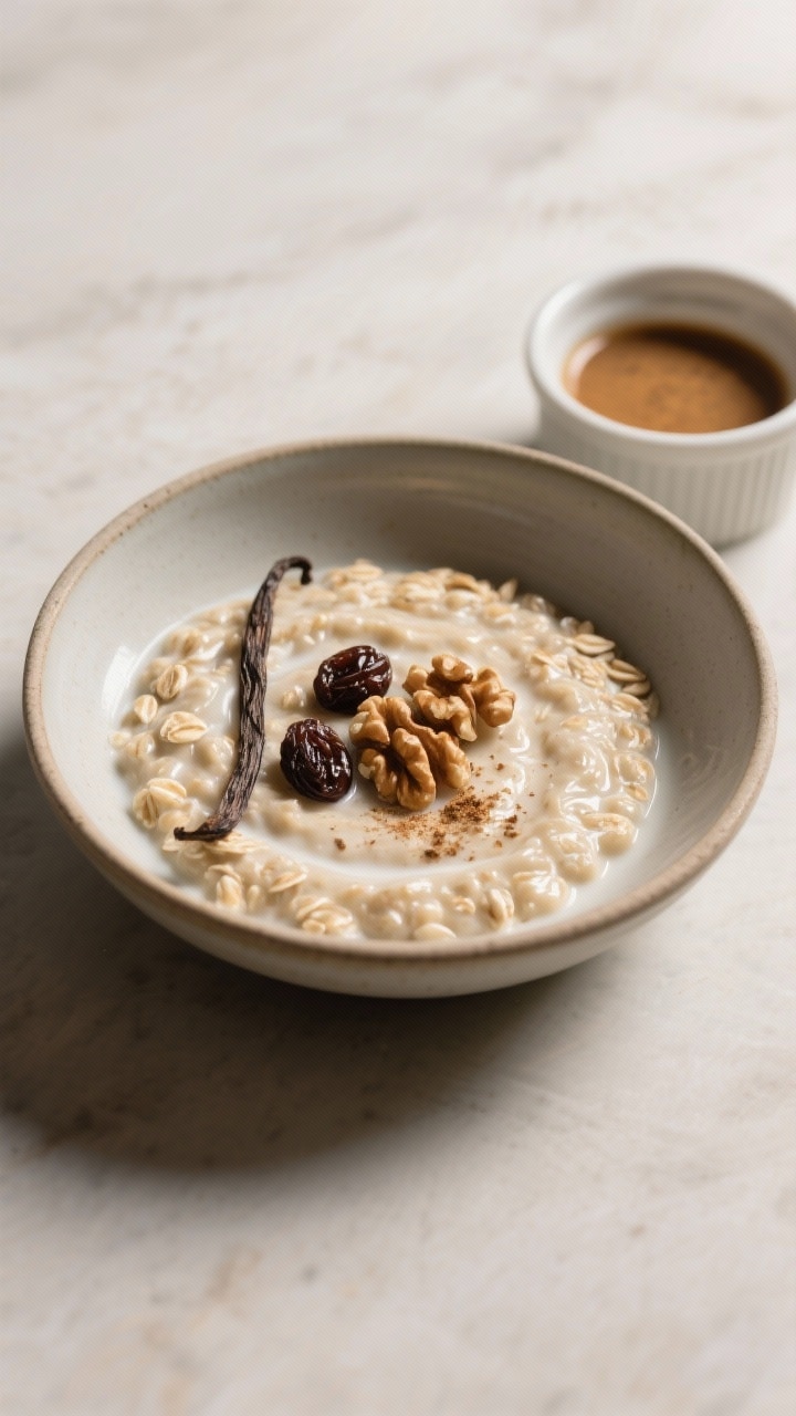 Final dish presentation: Restaurant-quality plated oats served in a shallow ceramic bowl—lusciousl