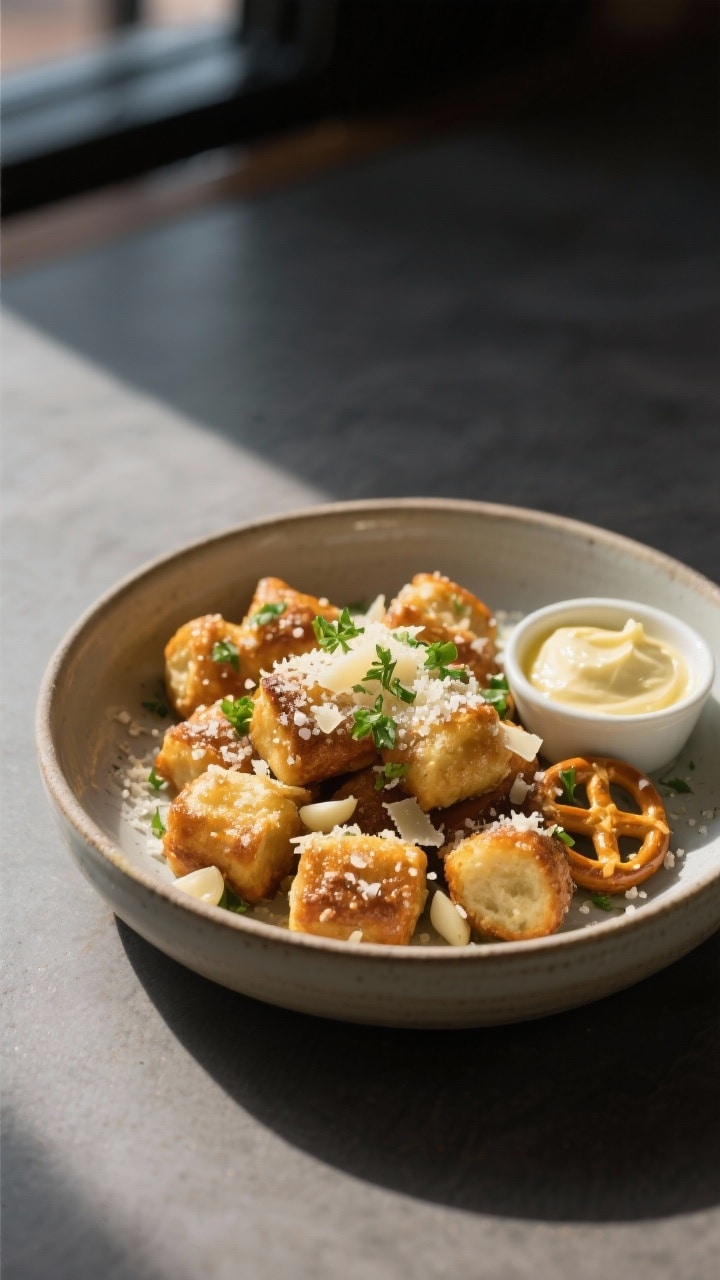 Final dish presentation: Restaurant-quality plating of garlic Parmesan pretzel bites in a low, wide 