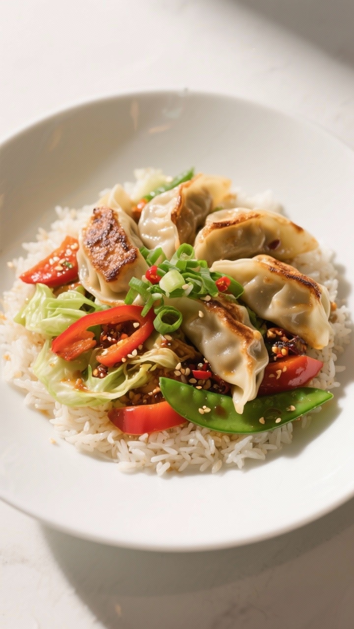 Final dish presentation: Restaurant-quality plating of potsticker stir fry over a bed of warm jasmin