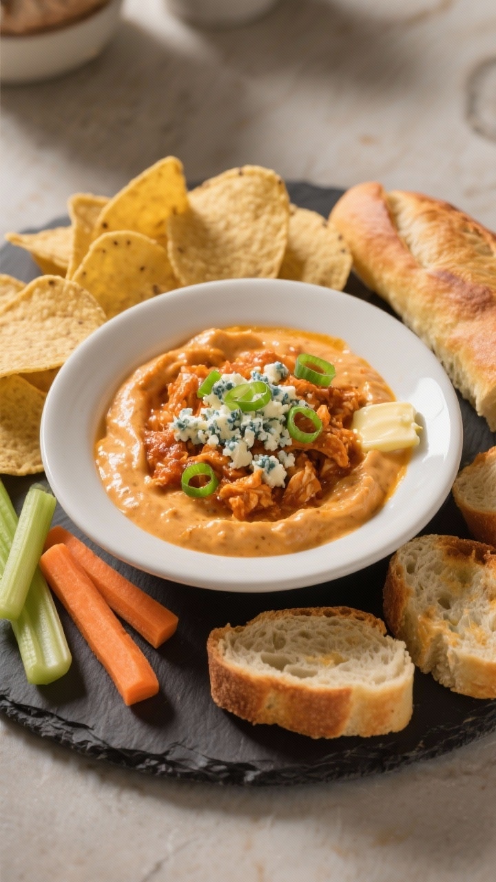Final dish presentation: Restaurant-quality spread with the buffalo chicken dip transferred to a mat