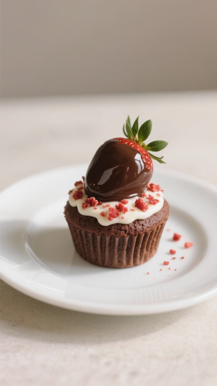 Final dish presentation: Single hero cupcake on a white ceramic plate, bakery-style look—smooth ch