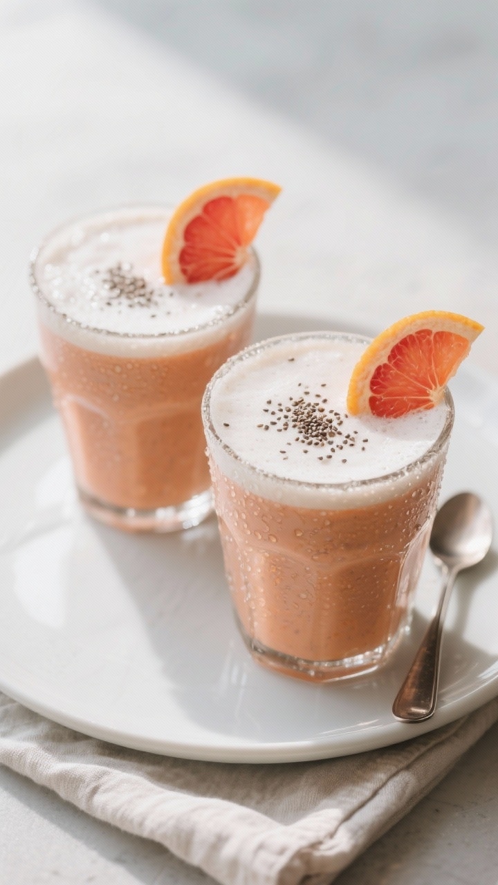 Final dish presentation: Two chilled glasses of winter citrus smoothie on a matte white plate, garni