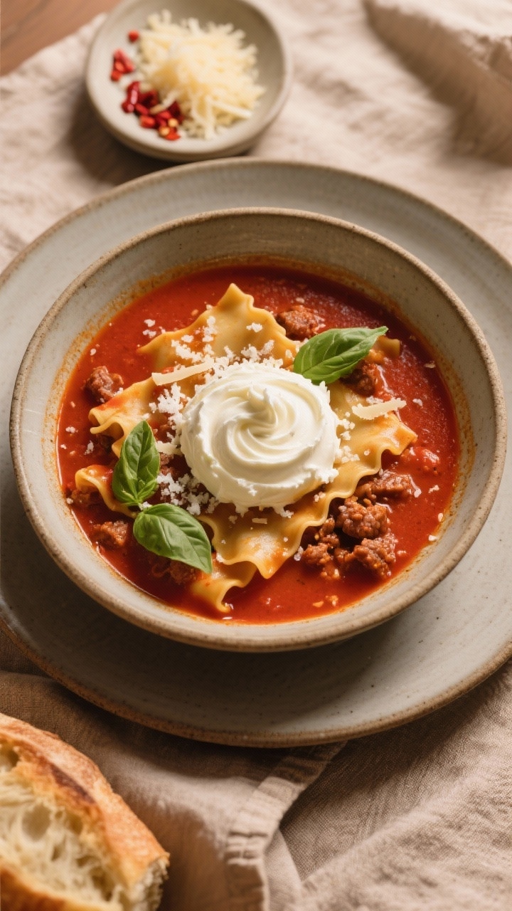 Final dish – tasty top view: Overhead shot of a rustic bowl filled with rich, tomato-red lasagna s