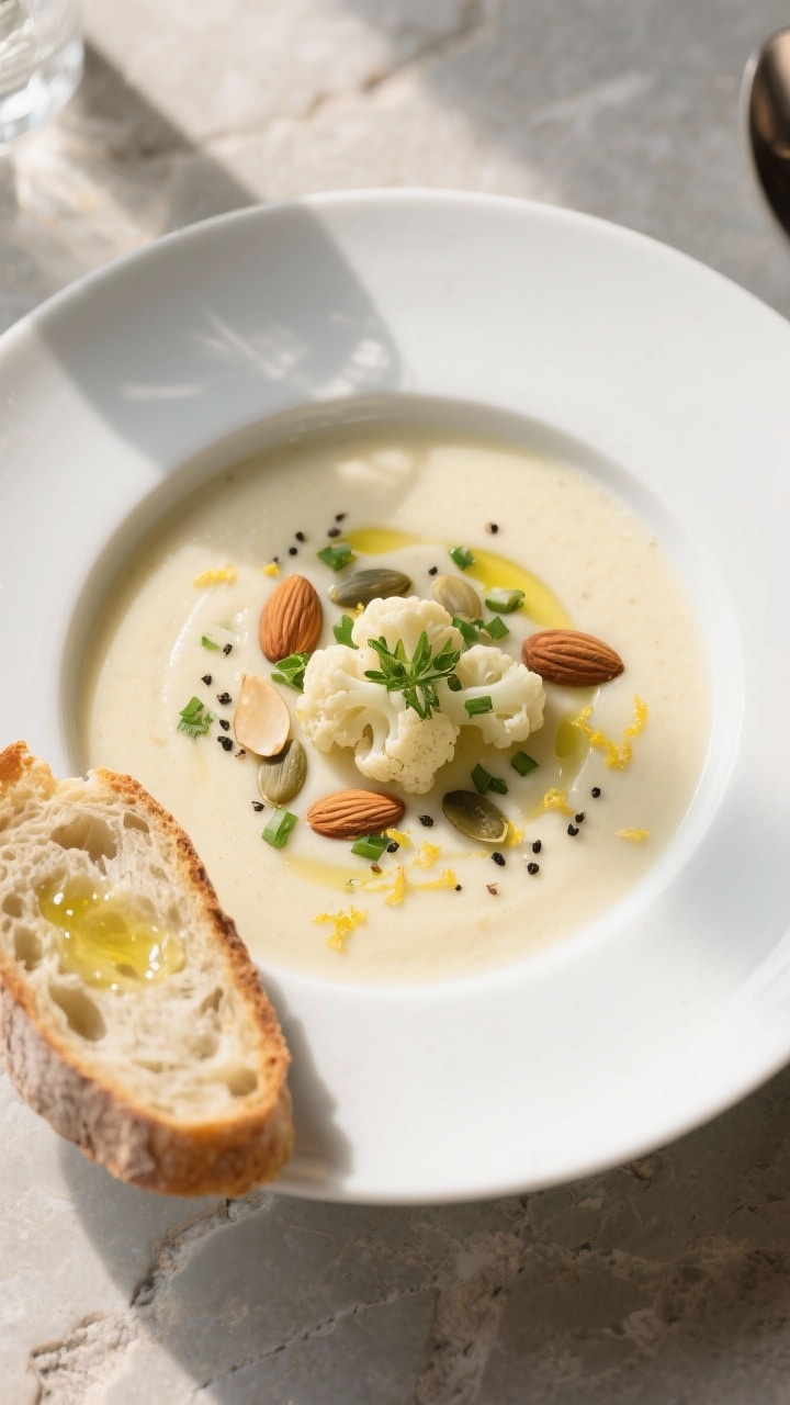 Final dish, tasty top view: Overhead shot of a beautifully plated creamy cauliflower soup in a wide,