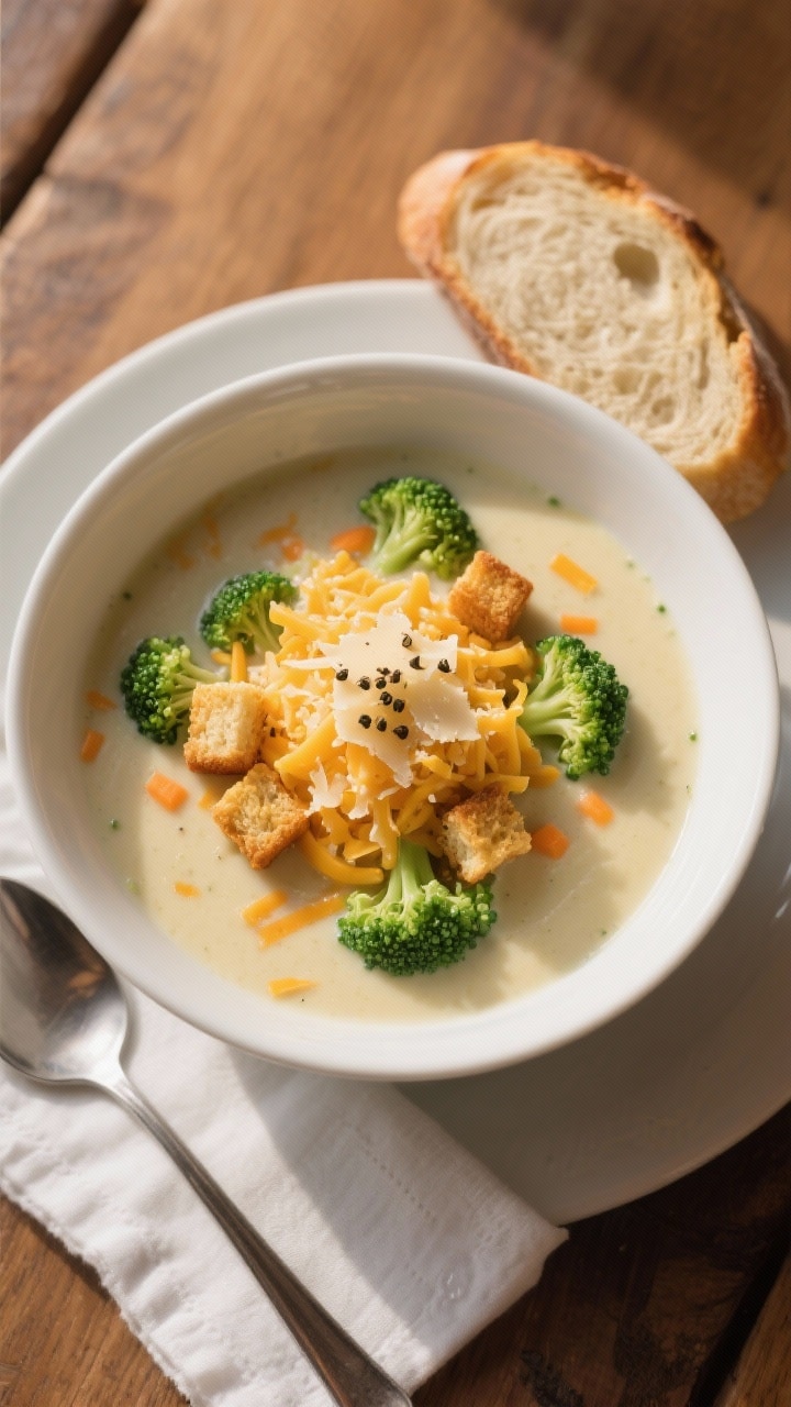 Final dish, tasty top view: Overhead shot of a bowl of creamy broccoli cheddar soup, restaurant-qual